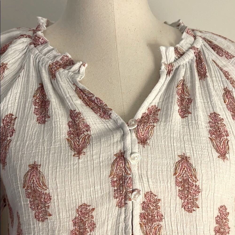 Wanderly Boho Peasant Top, Ruffled Neckline Fancy-Edged Sleeve | Size S - Picture 2 of 6